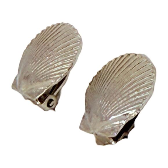 Vintage Mimi Di Niscemi Silver Seashell Earrings Clip-on Electroplated Nautical - Picture 3 of 13